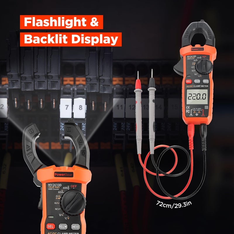 PowerBear Digital Clamp Meter Multimeter 6000 Counts for AC/DC Current & Voltage, Auto-ranging Amp Tester, Measures Resistance, Capacitance, Continuity, TRMS, Temperature, NCV Detection - Image 5